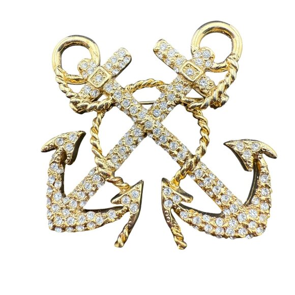 Gold-Tone Carolee Anchor Brooch With Crystals Nautical Statement Pin Elegant Des - Picture 1 of 6